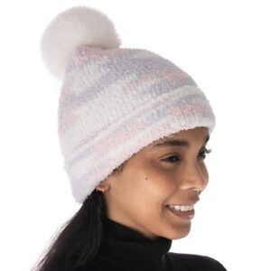 Jenni Fuzzy Jacquard Pom Pom Beanie in Animal Print One Size blush grey NWT